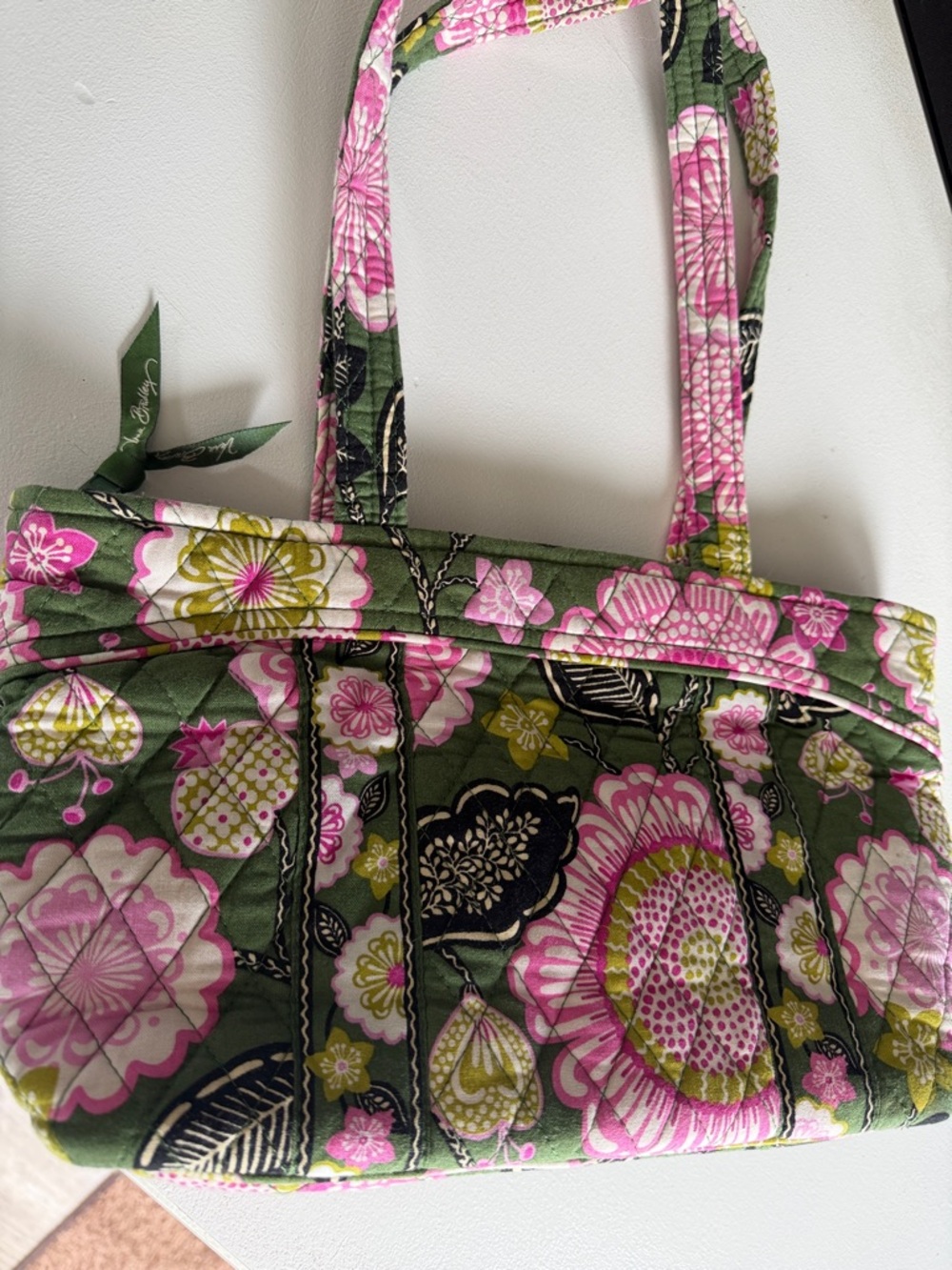 Vera Bradley Green Quilted Tote with Pink Floral Pattern